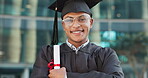 Face, man or smile by graduation with arms crossed, pride or student achievement of university degree on campus. Young person, profile picture or diploma award in proud, graduate or college portrait