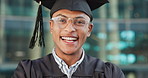 Face, outdoor and man with graduation, education and celebration with cap, robe or university. Portrait, person and academic with student, happiness or achievement with degree, success or scholarship