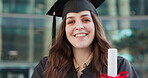 Face, closeup or woman in smile by graduation, happy or student achievement of university degree on campus. Young person, portrait or diploma award in proud, graduate or college success by outdoor