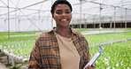 Plants, greenhouse and face of woman scientist doing agriculture research or studying botany. Science, herbs and young African female researcher checking eco friendly greenery in sustainable space.