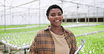 Plants, sustainable and face of woman in greenhouse with checklist for research or studying botany. Science, herbs and African researcher with clipboard for eco friendly greenery in agriculture space