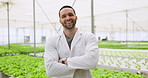 Greenhouse, portrait and research with agriculture, man and botanist with organic vegetables, smile and confidence with science, sustainability and lab coat with scientist, eco friendly and study