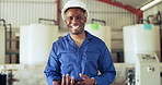 Happy black man, face and engineer with tablet at warehouse for maintenance or inspection. Portrait of African male person, contractor or technician smile with technology for installation at factory