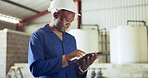 Black man, tablet and technician at warehouse for maintenance, inspection or research on site. African male person, contractor or engineer working on technology in online search or monitoring factory