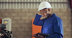 Worker, engineer and tablet for machine check or irrigation system repair, internet question or confused. Black person, hard hat and digital maintenance service, safety control or water inspection