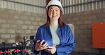 Happy woman, face and engineer with tablet at warehouse or factory for maintenance or career ambition. Portrait of female person, contractor or technician smile with positive attitude or job mindset.