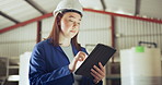 Woman, tablet and technician at warehouse for inspection, maintenance or research on site. Female person, contractor or engineer working on technology for online search, plan or monitoring factory