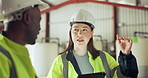 Tablet, industry or construction with a team in a warehouse for planning or discussion. Diversity, communication and engineer people together in a plant or factory for logistics or manufacturing