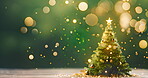 Christmas tree, decoration and tradition. Sparkle green bokeh in house with light and movement. Holiday celebration interior party decor of family home for festive season backdrop.