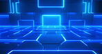Floor blocks and lights in future abstract perspective room. Digital technology and VR concept background. Glowing box cubes movement in cyberspace wallpaper.