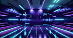 Hallway, tunnel and lights in dark blue and purple spaceship. Empty space interior with floor movement and glowing neon lights. Electronic construction concept for future structure technology.