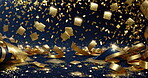 New Year, birthday and Christmas celebration gold confetti on dark background. Announcement holiday invitation with transform motion. Copyspace wallpaper with glitter, particles, and confetti.