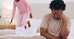 Frustrated black woman, headache and child on bed with ADHD, chaos or burnout in depression at home. Tired African female person or mother in anxiety or stress with busy kid jumping in bedroom house