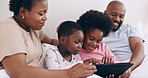 Tablet, games and happy black family in a bed with love, support and fun while bonding at home. Digital, app and children with parents in a bedroom for online, search or streaming cartoon in a house
