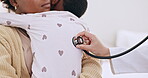 Black woman, child and doctor with stethoscope on bed, healthcare check up and medical help. Mother, toddler and pediatric care for consulting, back and asthma with lung breathing exam for wellness 