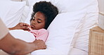 Mother, child and thermometer for temperature in bed, monitor wellness in family home for cold or flu. Black woman, daughter or check fever for illness in love, concern or care for sick kid in house