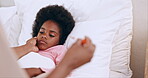 Comfort, child and mother with thermometer, fever monitor and wellness support with love in home. Black woman, daughter and hand for care in temperature, worry concern and calm healthcare in room

