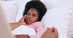 Mother, child and thermometer with fever check on bed, love and healthcare for wellness support in family home. Black woman, daughter and touch face for monitor temperature, care and concern in house