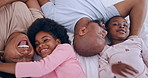 Smile, relaxing and black family having fun in bed together at modern home for bonding. Happy, love and African mother and father playing and resting with young kids in the bedroom of house.
