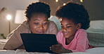 Mother, girl and tablet on bed for streaming, games or elearning in bedroom of home at night with smile. Black people, woman or child with touchscreen for movie, relax or online cartoon and happiness