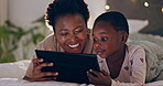 Mother, girl and tablet in bedroom for streaming, games or elearning on bed of home at night with smile. Black people, woman or child with touchscreen for movie, relax or online cartoon and happiness