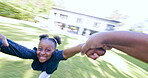 Smile, hands and pov of kid spinning at backyard of home outdoor, play game and bonding in summer. Portrait, African child swing and happy father at garden of house, love and care of family together