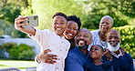 Selfie, family and generations in outdoors, bonding and love with hug, quality time and garden. Black people, happiness and relaxing on weekend, nature and care on vacation, smile and smartphone