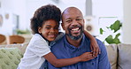 Happy, smile and child hugging her father on a sofa in the living room for bonding at modern home. Love, cute and portrait of African girl kid embracing her dad in the lounge of family house.