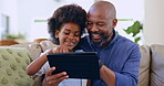 Father, daughter and tablet with internet on sofa for game, streaming or elearning in living room of home. Family, man and girl together on couch of lounge for cartoon or movie with happiness or love