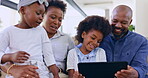 Black family, parents or kids with tablet and laughing on sofa for movie, streaming or video in living room of home. Man, woman or girls with internet in lounge for cartoon, tv show or relax on couch