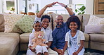 Insurance, security and a black family in the living room of a home together to protect their future. Portrait, safety or cover with a mother, father and children sitting under a roof on the floor