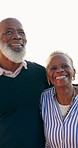 Couple, talking and embrace on walk at beach for wellness, relaxing and together on vacation. Senior, black man and woman with smile for travel, trip or holiday in retirement for romance in marriage