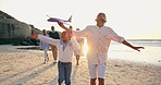 Children, toy airplane and freedom on beach with happy for summer vacation for connection. Black family, smile and siblings to play on seashore in cape town, sustainability and horizon in wellness