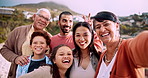 Beach, selfie and face of big family with smile at sunset on vacation, holiday or weekend trip. Happy, love and portrait of kids taking picture with parents and grandparents by ocean or sea on island