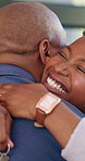 Couple, hug and happy with keys of new home, real estate or achievement for property investment. Black people, man and woman with embrace or smile for support, ownership or relocation to apartment