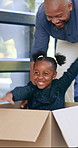 Father, girl or playing in box of new home and excited for real estate or relocation to property investment by front door. Black people, man and kid or happy, package or moving house together and joy