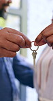 Couple, hands and closeup of house keys for real estate, new home or achievement for property investment. Black people, man and woman with happiness for support, ownership or relocation to apartment
