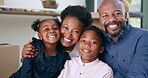Family, face and happy for new home, real estate or relocation to property investment with hug. Black people, parents and children with portrait, boxes or moving house together with embrace and joy
