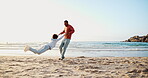 Father, child and spinning beach for happy parenting connection, kid development on tropical holiday. Male person, son and hands for swing on ocean sand on vacation for sunny relax, adventure or bond