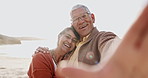 Happy senior couple, beach selfie and hug with care, bonding and summer sunshine for vacation in Mexico. Elderly woman, old man and smile on face with photography for memory by ocean, sand and waves