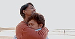 Beach, hug and grandmother with boy child in nature for travel, freedom or support. Love, security and senior woman embrace kid at the ocean with care, trust and comfort, adventure or trip in Florida