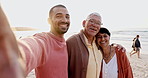 Man, senior parents and beach selfie with hug, care and bonding in summer sunshine for vacation in Mexico. Father, mother and son on happy family holiday with photography for memory, ocean and face