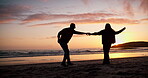 Dancer couple, silhouette and beach in sunset, love and freedom with moving together, summer or vacation. Man, woman and dancing outdoor for steps, sand or romance in dusk sunshine by ocean in Mexico