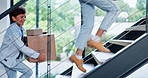 Excited children, box and running up stairs in new home, property or investment moving in together. Happy kids walking on staircase with boxes in relocation, building or explore apartment at house