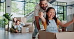 Happy family, new home and pushing box with girl for fun moving in, bonding or property together. Dad playing with child or daughter in boxes to explore apartment, building or living room at house