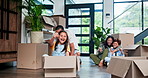 Happy dad, girl and playing with box in new home for fun moving in, bonding or property together. father pushing child, kid or daughter in boxes to explore apartment, building or living room at house