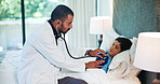 Doctor, boy child and stethoscope in bed at hospital in consultation for health, assessment or check for breathing. Medic, pediatrician and helping for lungs, cardiology and wellness in home bedroom