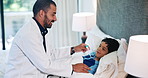 Doctor, boy child and thermometer in bed at hospital in consultation for health, assessment and check fever. Medic, pediatrician and help with temperature, talk and smile for results in home bedroom