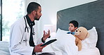 Doctor, talking and tablet for child in bed, teddy bear and health app for assessment, check and family house. Medic, pediatrician and touchscreen for checklist, advice or wellness on bedroom in home