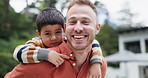 Dad, boy child and piggy back in garden, smile and bonding with face, love and care at family home. Father, son and outdoor with hug, summer sunshine and happy in backyard with playing games at house